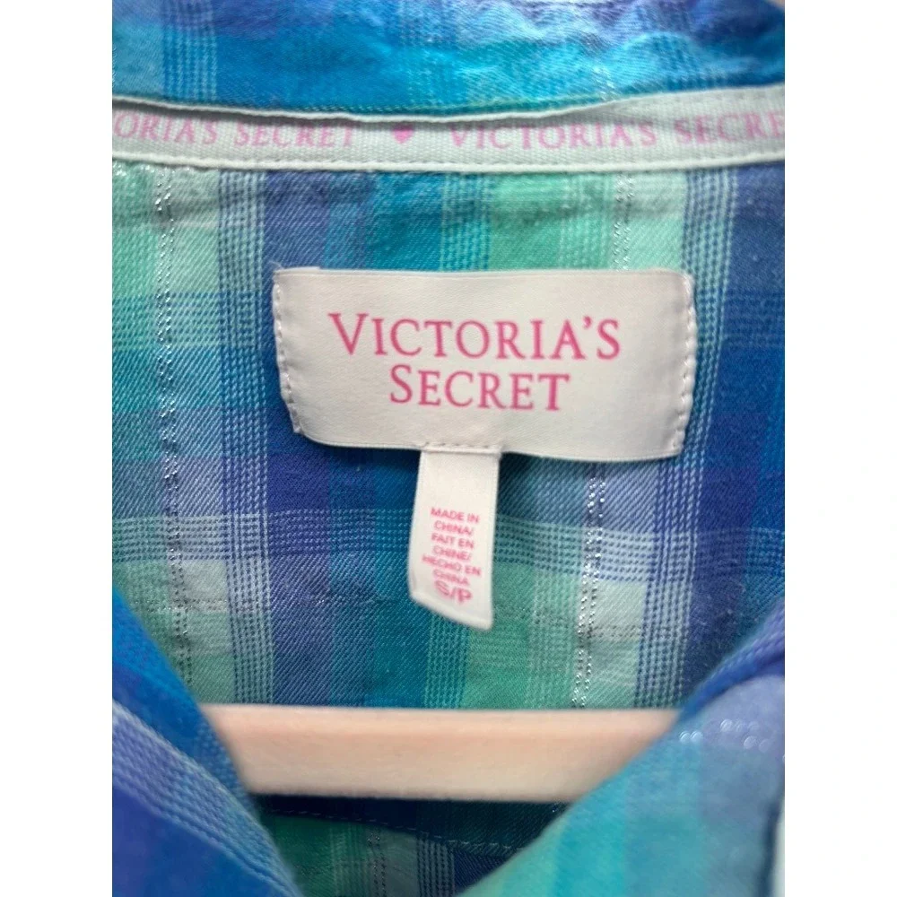 Victoria's Secret Pajama Set Women Small Teal‎ Purple Plaid Metallic